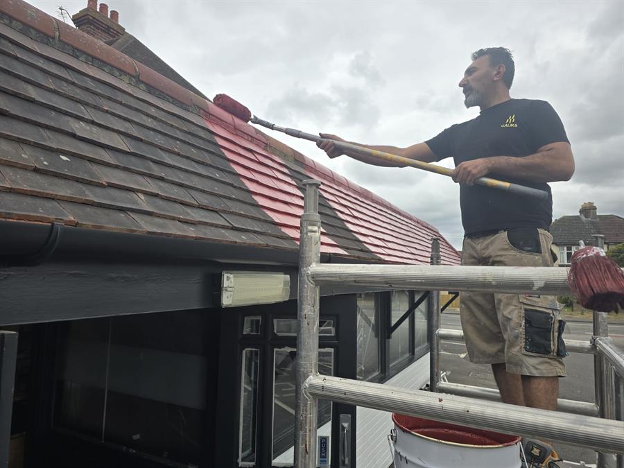 Roof and exterior decorating project — ridge tiles repainted, Milton Keynes